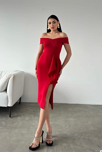 Deafox Kırmızı Scuba Kumaş Madonna Yaka Volanlı Yırtmaç Detaylı Elbise