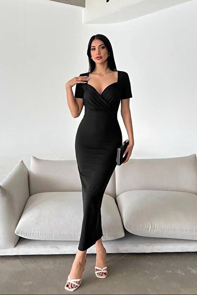 Deafox Short Sleeve Black Double Breasted Midi Dress - Crepe Fabric