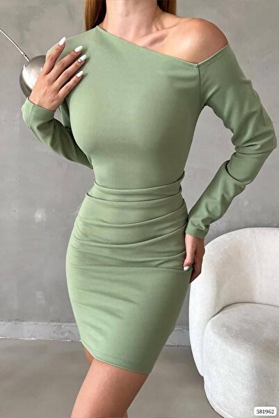 Deafox Rochie cu mânecă lungă din țesătură creponată, mentă, cu un umăr