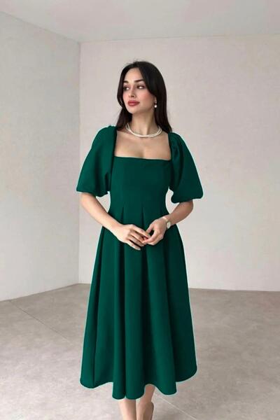 Deafox Balloon Sleeve and Pleated Square Collar Emerald Green Midi Dress