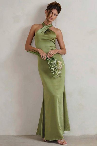 Deafox Green Imported Satin Fabric Neck Metal Agraph Buckle Detailed Hidden Zipper Back Low-Cut Maxi Length Dress