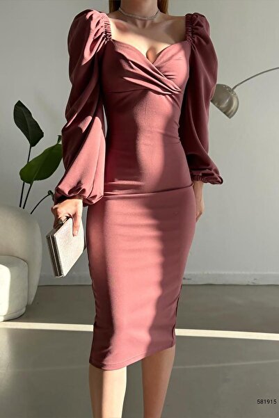 Deafox Getrocknetes Rose-Midikleid mit Prinzessinnenärmeln, Schlitzdetail und Herzkragen