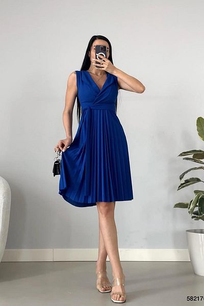 Deafox Φόρεμα Saks μπλε πλισέ και ζωσμένο με μηδενικό γιακά με ζώνη