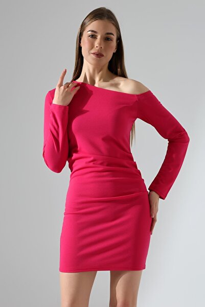 Deafox Φούξια μακρυμάνικο φόρεμα από ύφασμα κρεπ με ανοιχτή λεπτομέρεια