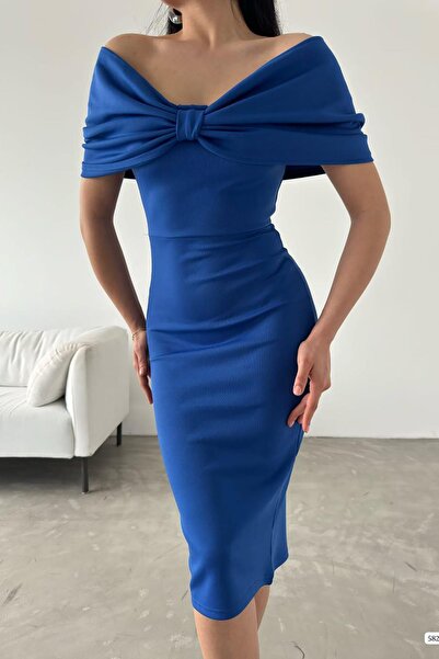 Deafox Scuba Fabric Midi ruha - Saks kék, gallérral