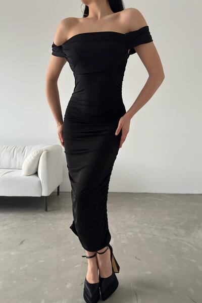 Deafox Black Sandy Fabric Drop Shoulder Detail Draped Midi Dress