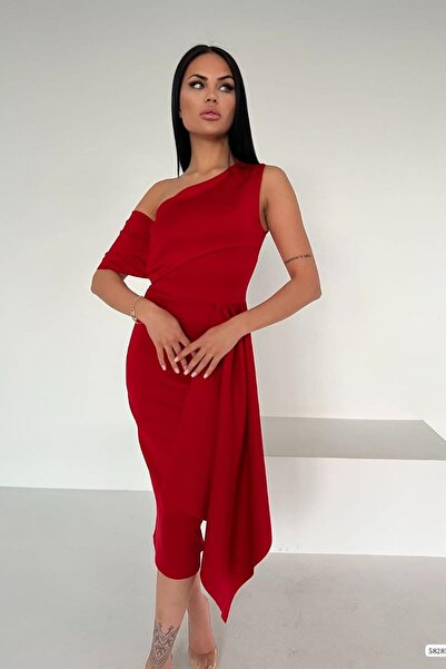 Deafox Piros búvárszövet egy vállú, midi hosszúságú tervezői ruha