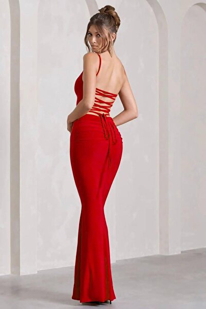 Deafox Red Strap Sandy Fabric Back Low-cut and Draped Dress