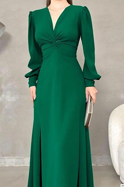 Deafox Zümrüt Yeşili Krep Kumaş Önü Düğüm Detay Maxi Boy Uzun Kollu Çift Yırtmaçlı Elbise