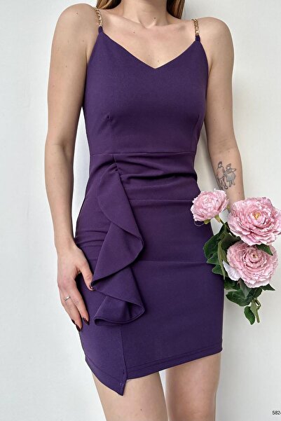 Deafox Purple Chain Strap V-Neck Imported Crepe Fabric Flounced Dress