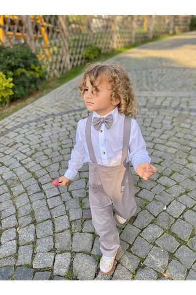 favorimkids Gray Cotton Harem Salopet Classic Long Sleeve Shirt with Bow Tie