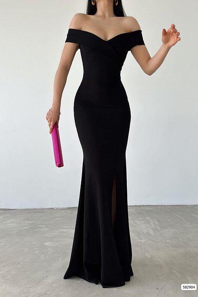 Deafox Rochie de seară cu lungime maxi, cu mâneci scurte, cu mâneci scurte, cu decolteu barcă, cu fante