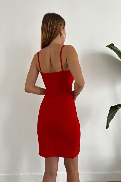 Deafox Red imported crepe fabric thin strap folded dress