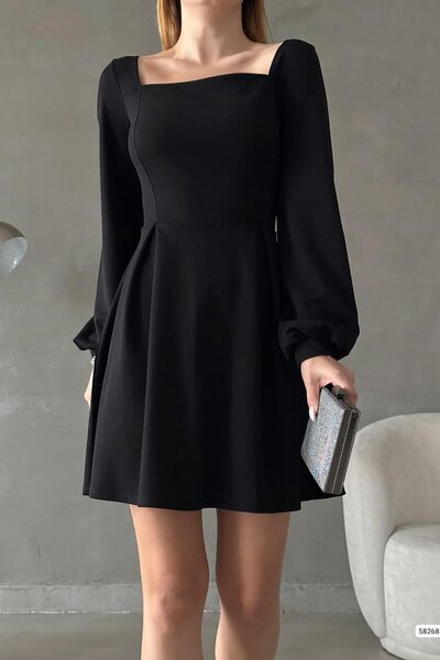 Deafox Black Square Collar Long Sleeve Imported Crepe Fabric Basic Dress