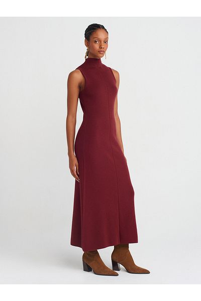 Dilvin 90239 Burgundy Stand Collar Knitwear Dress - M.