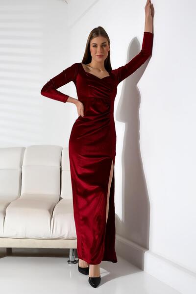 Deafox Burgundy Slit Detail Long Sleeve Velvet Dress