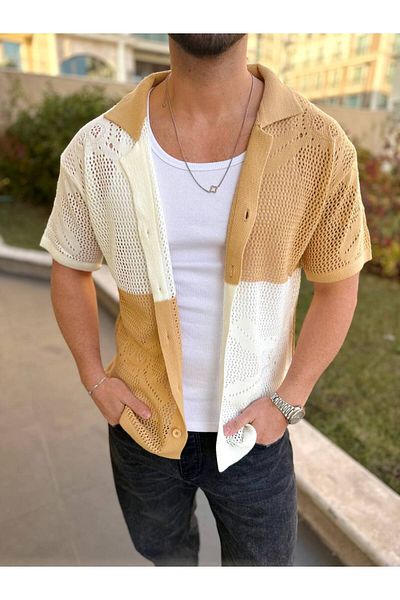 elkumoda Shirt Oversize Cotton Anti-Sweat Fabric Button Closure Mesh Italian Collar Short Sleeve Shirt