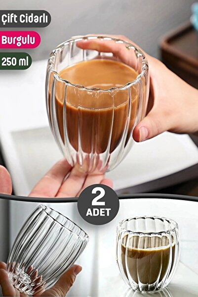 Maridet 2li Cidarlı Borosilikat Tarz Origami Burgulu Bardak Çay Süt Kahve Kup...