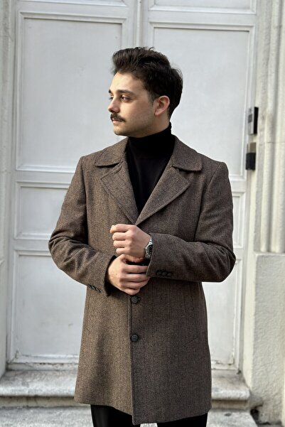 KARADAĞLI Regular Fit Balıksırtı Kahve Kruvaze Yaka Kaşe Kaban