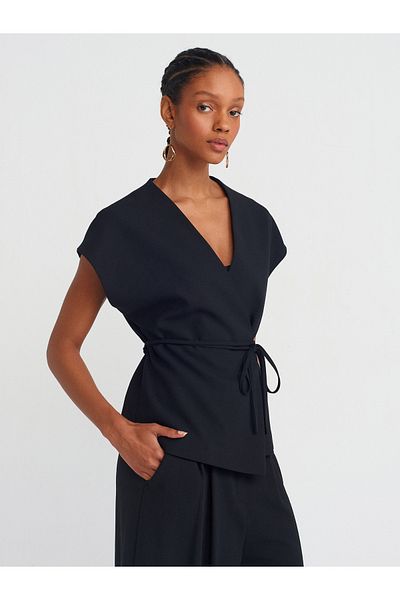 Dilvin 60567 Double Breasted Vest with Waist Belt-Black