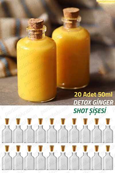 parlakcam Ginger Detox Şişesi 50ml Mantar Tıpalı Mini Cam Şişe 50cc Shot Şişesi Cam Sızdırmaz (20 Adet)