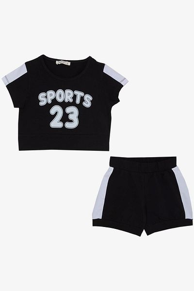 Breeze Costum Crop pentru fete cu pantaloni scurți cu text imprimat 6-12 ani, negru