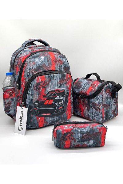 Çınka Bags Rucsac pentru băieți de culoare roșie cu model de mașină, cu suport pentru nutriție și stilou