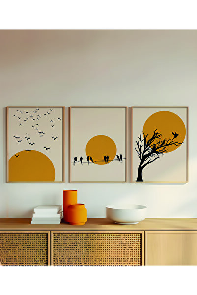 DecovianHomeDesign Doğal Ahşap Çerçeveli Ağaç Kuş Güneş Desenli 3'lü Minimali...