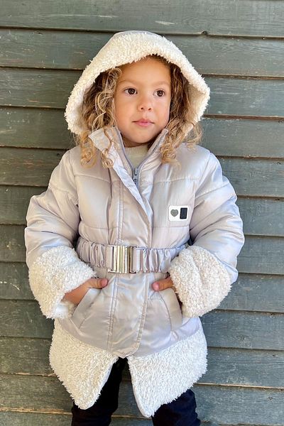 esso mandolin Light Gray Plush Girl's Coat - Belted, 2-6 Years