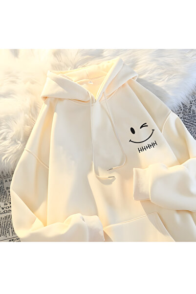 ROZCAN هودي بقلنسوة مطبوع عليه وجه مبتسم.