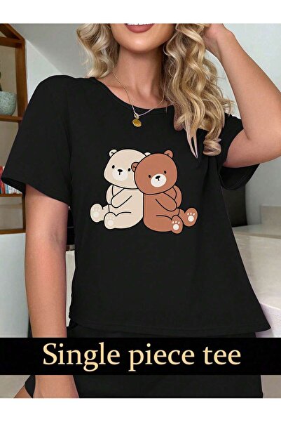 Sevda Trendy Shop Two Bears Printed Crop Top - Shorts Tracksuit Set.