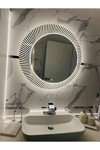Aynova 60 cm Beyaz Ledli Yuvarlak Kumlamalı Banyo Aynası
