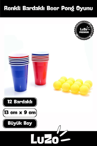 LuZo Premium Seri Özel Gün Eğlence Parti Renkli Büyük 12 Karton Bardak 12 Toplu Beer Pong Oyunu