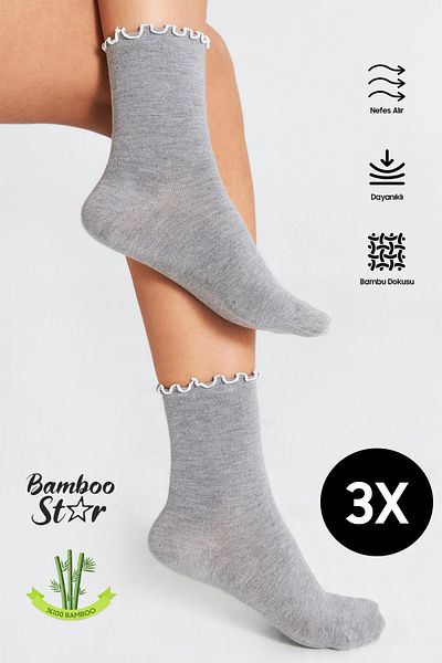 bamboo star White Bamboo Women's Socks - 3-Piece Gray Socks with Ruffles, Elastic and Seamless