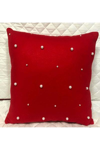 Hobizer Textile Mother's Day Red Throw Pillow with Decorative Pearl Decoration 40X40 cm