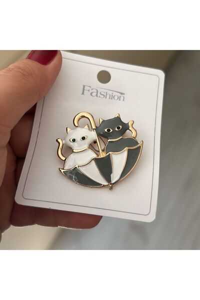 Zec ŞEMSİYEDE İKİ SEVİMLİ KEDİ  BROŞ