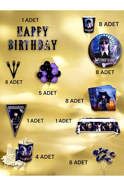 VibeHome Wednesday Themed Ultra Luxury Set for 8 - Birthday Party and Fun Events