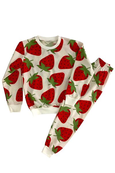 Arya Nisa Kids Girl's Two Yarn Cotton Raster White Strawberry Print Long Sleeve Pajamas Set
