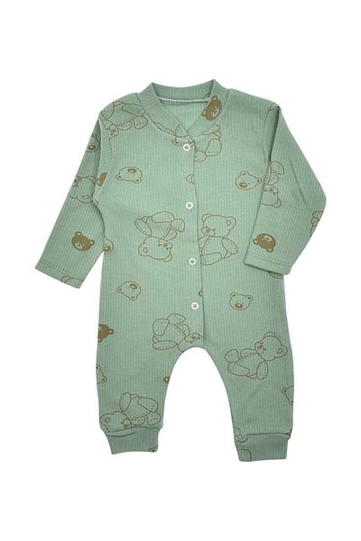 dinamik çocuk Teddy Bear Printed Unisex Baby Jumpsuit - Ribbed Fabric, Snap Fastener, 100% Cotton, Flexible, 1-3-6 Months