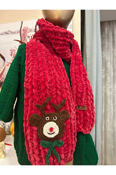 PERA ÖRGÜ SANATI EL ÖRGÜSÜ YILBAŞI TEMALI GEYİKLİ ATKI