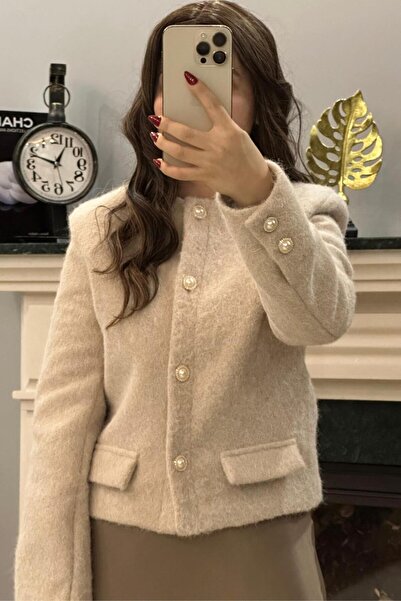 SeHlen Butik Bej İnci Düğmeli Keçe Ceket