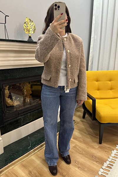 SeHlen Butik Kahverengi İnci Düğmeli Keçe Ceket