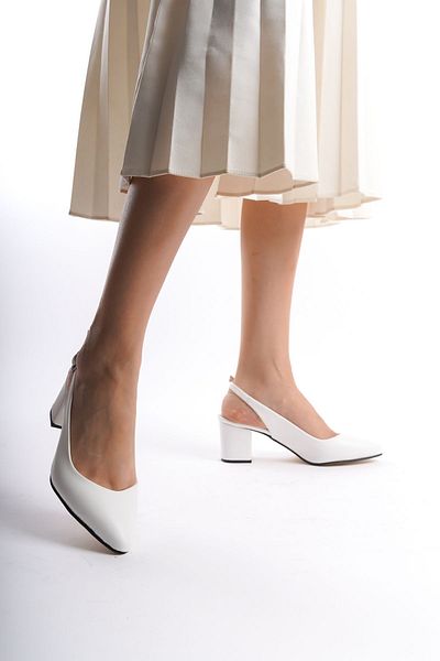 YASEMİN Pantofi de damă cu piele albă cu cataramă deschisă la spate cu toc gros de 6 cm - Fleur