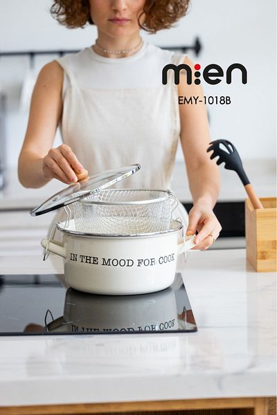 MİEN Mien 22 cm Frying Pot - Enameled Ivory Emy-1018B