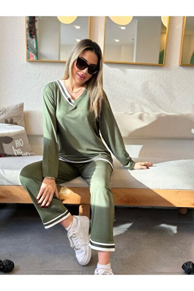 Viyamo Women's Long Sleeve Rib Detail Viscose Two Thread Double Suit