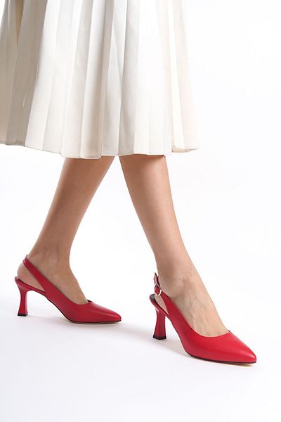 YASEMİN Women's Red Skin Open Back Buckle Ovis Pointed Toe 8 cm Classic Heeled Shoes - Rhaella