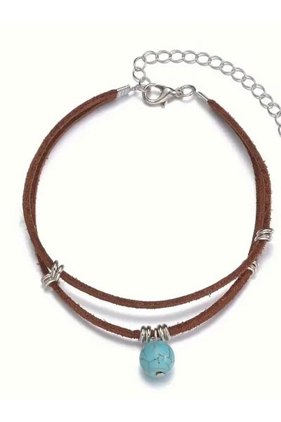By Song Aksesuar Suede Anklet - Single Turquoise Stone Detailed