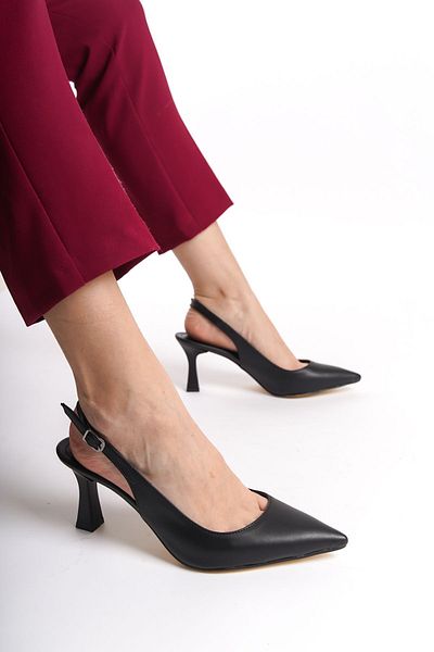 YASEMİN Pantofi cu toc clasic de 8 cm pentru femei, piele neagră, cu cataramă deschisă, cu vârf ascuțit - Rhaella