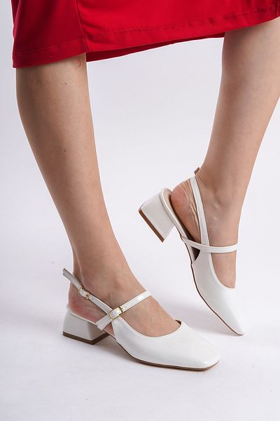 YASEMİN Women's Mary Jane White Patent Leather Open Back Square Toe Short Thick Heeled Shoes - Hermione