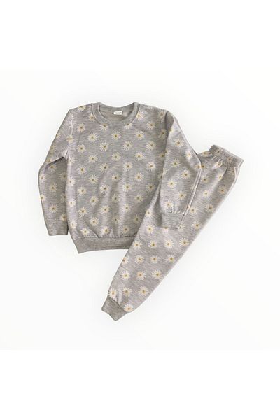 Arya Nisa Kids Girl's Two Yarn Cotton Raised Gray Daisy Print Long Sleeve Pajamas Set